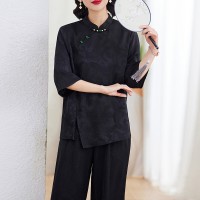 现货2024夏季新中式盘扣女装宽松时尚印花衬衫两件套