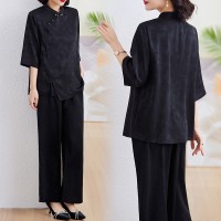 现货2024夏季新中式盘扣女装宽松时尚印花衬衫两件套