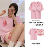 带胸垫100%纯棉睡衣女夏季短袖短裤休闲可外穿免穿内衣家居服套装
