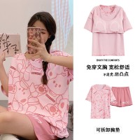 带胸垫100%纯棉睡衣女夏季短袖短裤休闲可外穿免穿内衣家居服套装
