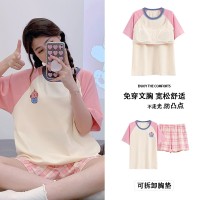 带胸垫100%纯棉睡衣女夏季短袖短裤休闲可外穿免穿内衣家居服套装