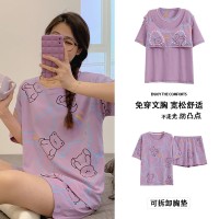 带胸垫100%纯棉睡衣女夏季短袖短裤休闲可外穿免穿内衣家居服套装