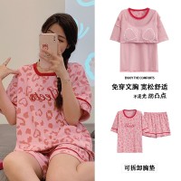 带胸垫100%纯棉睡衣女夏季短袖短裤休闲可外穿免穿内衣家居服套装
