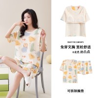 带胸垫100%纯棉睡衣女夏季短袖短裤休闲可外穿免穿内衣家居服套装