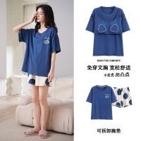 带胸垫100%纯棉睡衣女夏季短袖短裤休闲可外穿免穿内衣家居服套装