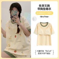 带胸垫100%纯棉睡衣女夏季短袖短裤休闲可外穿免穿内衣家居服套装
