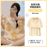 带胸垫100%纯棉睡衣女夏季短袖短裤休闲可外穿免穿内衣家居服套装