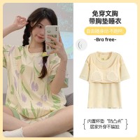 带胸垫100%纯棉睡衣女夏季短袖短裤休闲可外穿免穿内衣家居服套装