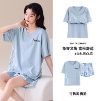 带胸垫100%纯棉睡衣女夏季短袖短裤休闲可外穿免穿内衣家居服套装