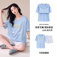带胸垫100%纯棉睡衣女夏季短袖短裤休闲可外穿免穿内衣家居服套装