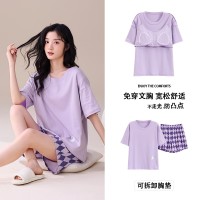 带胸垫100%纯棉睡衣女夏季短袖短裤休闲可外穿免穿内衣家居服套装