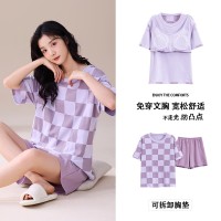 带胸垫100%纯棉睡衣女夏季短袖短裤休闲可外穿免穿内衣家居服套装