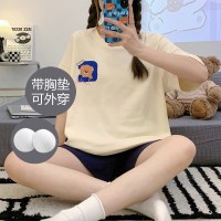 带胸垫100%纯棉睡衣女夏季短袖短裤休闲可外穿免穿内衣家居服套装