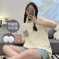 带胸垫100%纯棉睡衣女夏季短袖短裤休闲可外穿免穿内衣家居服套装