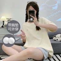 带胸垫100%纯棉睡衣女夏季短袖短裤休闲可外穿免穿内衣家居服套装