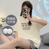 带胸垫100%纯棉睡衣女夏季短袖短裤休闲可外穿免穿内衣家居服套装