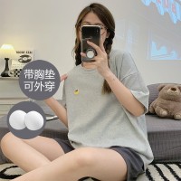 带胸垫100%纯棉睡衣女夏季短袖短裤休闲可外穿免穿内衣家居服套装
