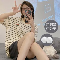 带胸垫100%纯棉睡衣女夏季短袖短裤休闲可外穿免穿内衣家居服套装