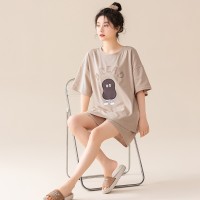 夏季纯棉短袖短裤睡衣女韩版卡通印花条纹薄款少女学生家居服套装