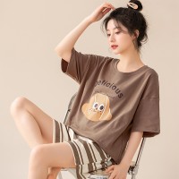 夏季纯棉短袖短裤睡衣女韩版卡通印花条纹薄款少女学生家居服套装