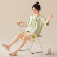 夏季纯棉短袖短裤睡衣女韩版卡通印花条纹薄款少女学生家居服套装