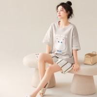 夏季纯棉短袖短裤睡衣女韩版卡通印花条纹薄款少女学生家居服套装