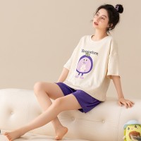 夏季纯棉短袖短裤睡衣女韩版卡通印花条纹薄款少女学生家居服套装