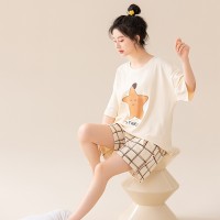 夏季纯棉短袖短裤睡衣女韩版卡通印花条纹薄款少女学生家居服套装