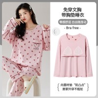 【带胸垫】100%纯棉睡衣女新款长袖春秋款套头休闲家居服休闲套装