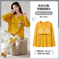 【带胸垫】100%纯棉睡衣女新款长袖春秋款套头休闲家居服休闲套装