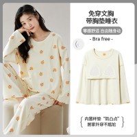 【带胸垫】100%纯棉睡衣女新款长袖春秋款套头休闲家居服休闲套装