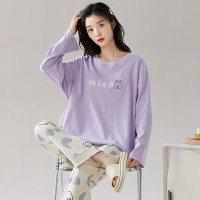 【带胸垫】100%纯棉睡衣女新款长袖春秋款套头休闲家居服休闲套装