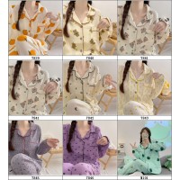 睡衣女春秋款纯棉长袖女士纱布可爱卡通棉纱薄款春秋家居服秋