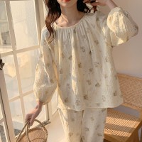 睡衣女春秋款纯棉长袖女士纱布可爱卡通棉纱薄款春秋家居服秋
