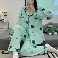 睡衣女春秋款纯棉长袖女士纱布可爱卡通棉纱薄款春秋家居服秋