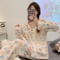 睡衣女春秋款纯棉长袖女士纱布可爱卡通棉纱薄款春秋家居服秋