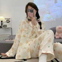 睡衣女春秋款纯棉长袖女士纱布可爱卡通棉纱薄款春秋家居服秋
