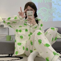 睡衣女春秋款纯棉长袖女士纱布可爱卡通棉纱薄款春秋家居服秋