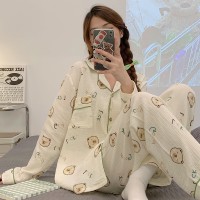 睡衣女春秋款纯棉长袖女士纱布可爱卡通棉纱薄款春秋家居服秋