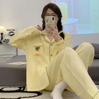 睡衣女春秋款纯棉长袖女士纱布可爱卡通棉纱薄款春秋家居服秋