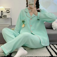 睡衣女春秋款纯棉长袖女士纱布可爱卡通棉纱薄款春秋家居服秋