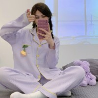 睡衣女春秋款纯棉长袖女士纱布可爱卡通棉纱薄款春秋家居服秋