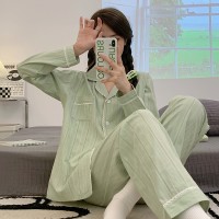 睡衣女春秋款纯棉长袖女士纱布可爱卡通棉纱薄款春秋家居服秋