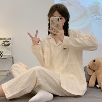睡衣女春秋款纯棉长袖女士纱布可爱卡通棉纱薄款春秋家居服秋