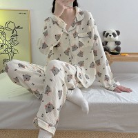 睡衣女春秋款纯棉长袖女士纱布可爱卡通棉纱薄款春秋家居服秋
