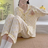 睡衣女春秋款纯棉长袖女士纱布可爱卡通棉纱薄款春秋家居服秋