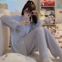 睡衣女春秋款纯棉长袖女士纱布可爱卡通棉纱薄款春秋家居服秋
