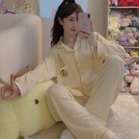 睡衣女春秋款纯棉长袖女士纱布可爱卡通棉纱薄款春秋家居服秋