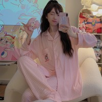 睡衣女春秋款纯棉长袖女士纱布可爱卡通棉纱薄款春秋家居服秋