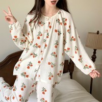 睡衣女春秋款纯棉长袖女士纱布可爱卡通棉纱薄款春秋家居服秋